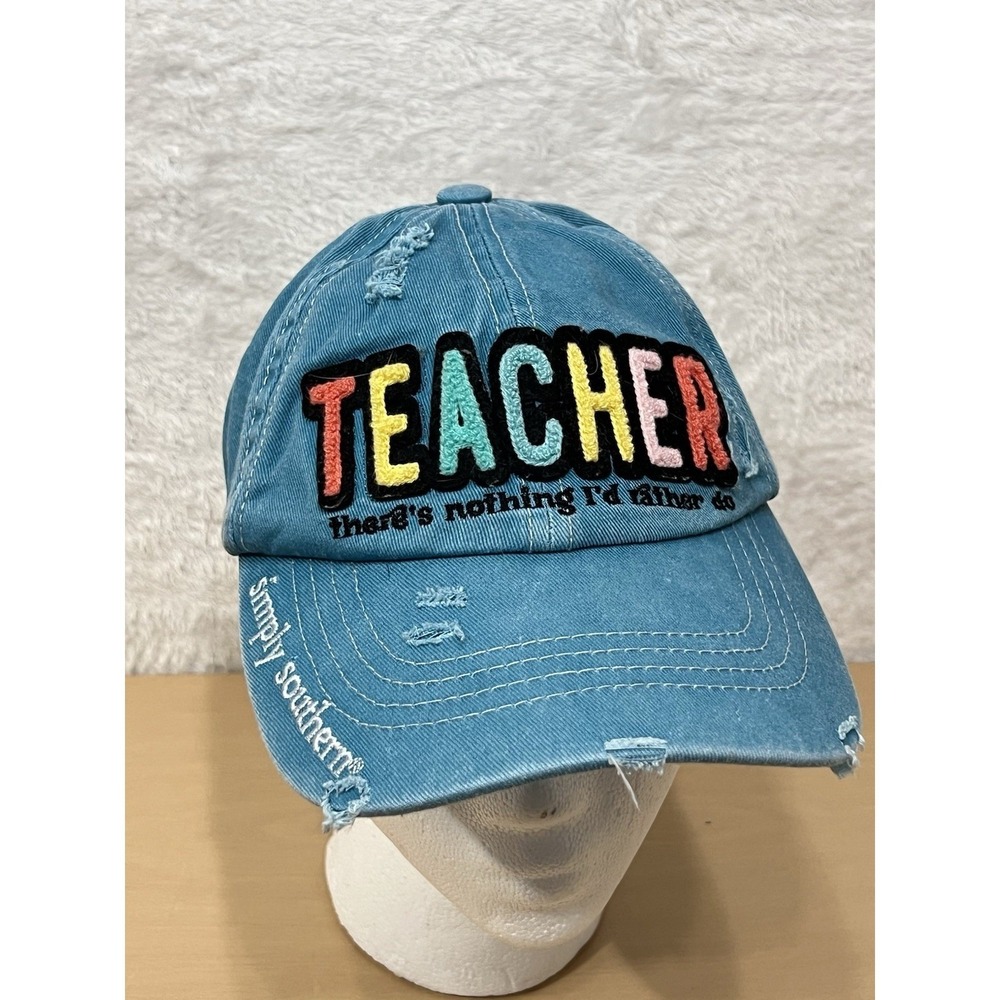 Simply Southern Teacher Distressed Teal Hat Rainbow Embroidered Adjustable Cap